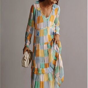Anthropologie Colorful Checkered Long Sleeve Dress